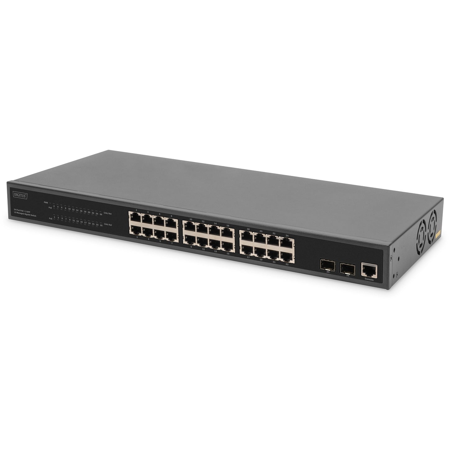 Digitus 24-portni Gigabit PoE mrežni switch. 19 inča. L2 upravljani. 2 uplink porta. SFP. 430 W. af/at. Upravljani. L2. Gigabit Ethernet (10/100/1000). Napajanje preko Etherneta (PoE). Montaža u rack. 1U