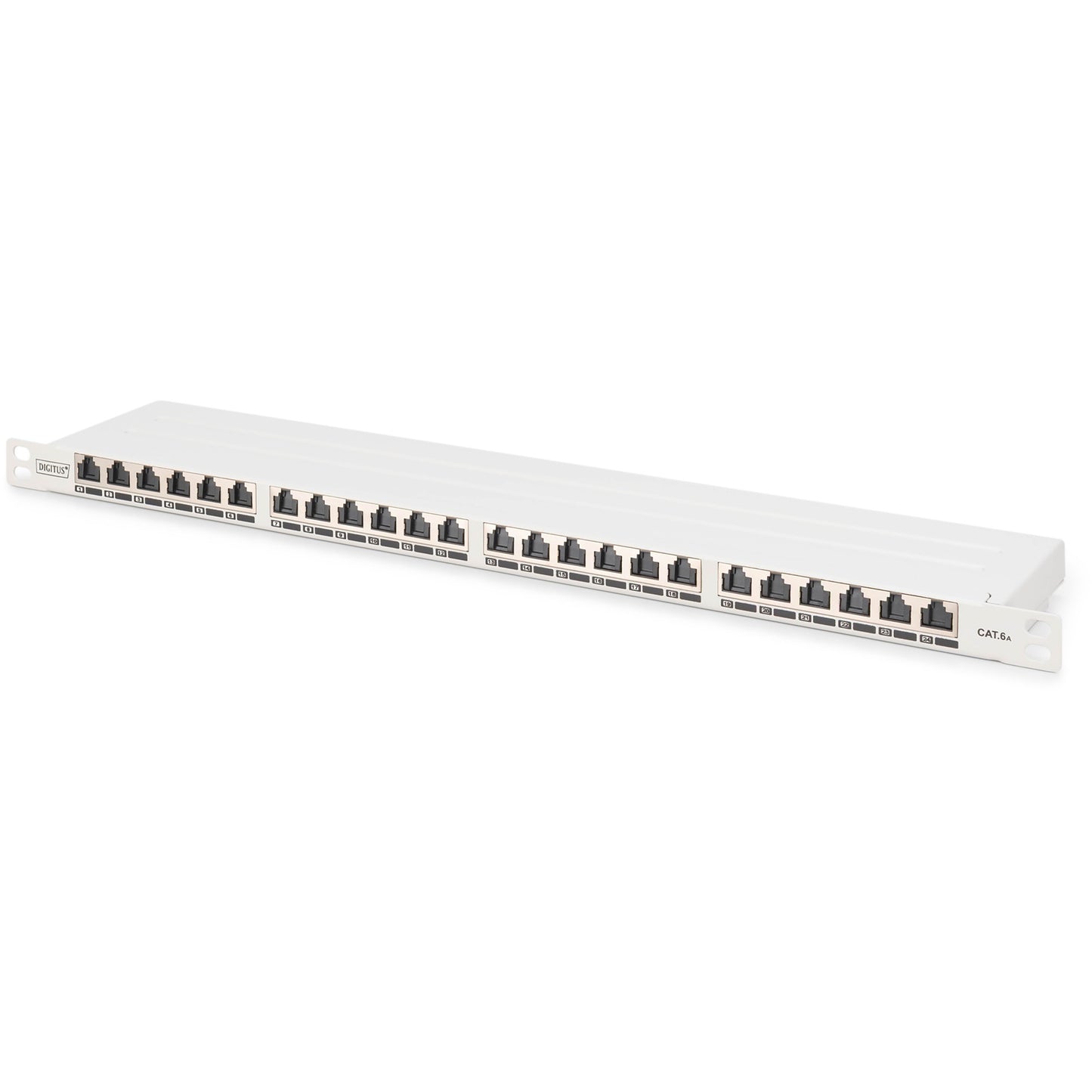 Digitus CAT 6A. Patch panel visoke gustoće klase EA. Oklopljen. Zlatni. Cat6a. 30 N. Sivi. Čelik. Montaža u rack.