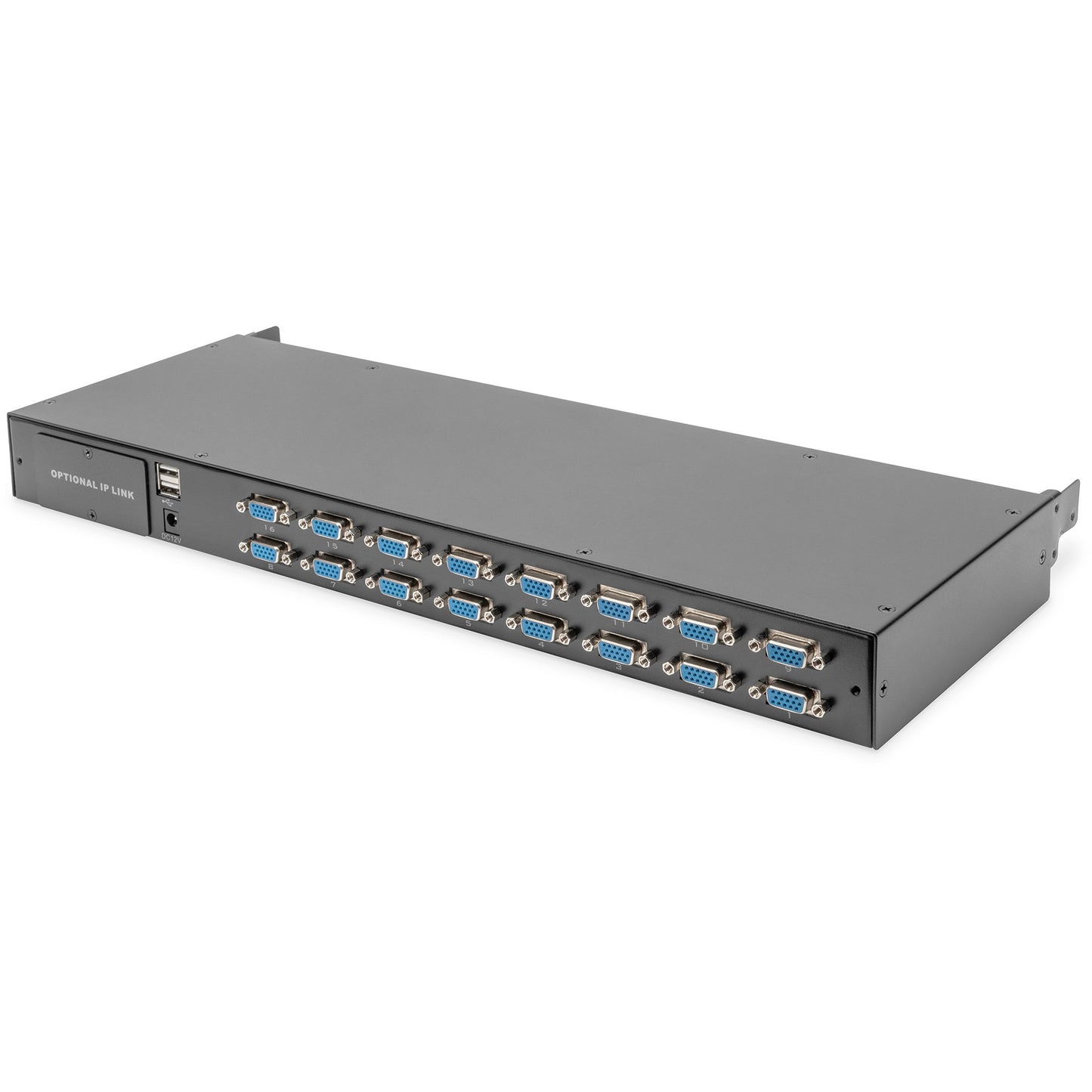 Digitus Modularni KVM prekidač, 16-portni VGA. Komplet za nadogradnju. Kaskadan. Opcioni IP pristup. Montaža u rack. 1U. Crni.