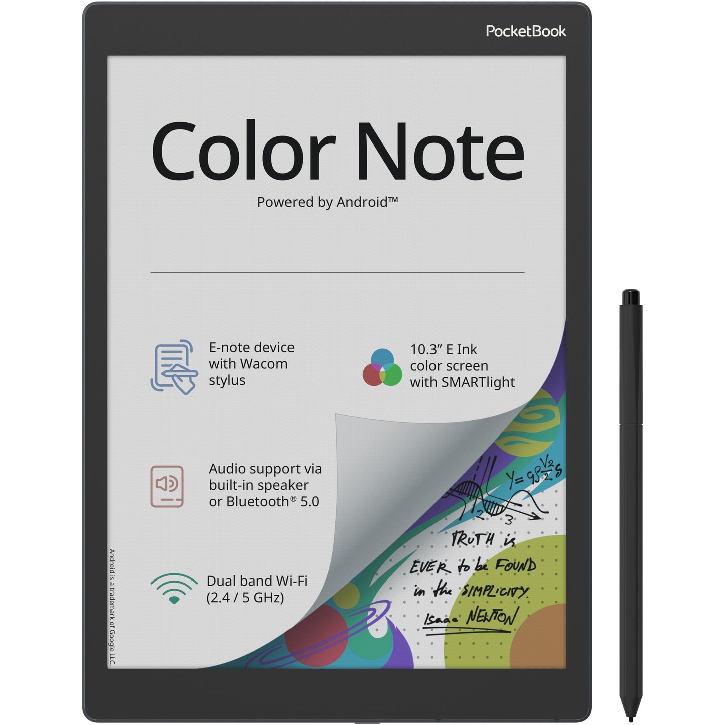 PocketBook Color Note. 26,2 cm (10,3"). E-Ink Kaleido. 1404 x 1872 piksela. ACSM. AZW. AZW3. CBR. CBZ. CHM. DOC. DOCX. DjVu. EPUB. EPUB DRM. FB2. FB2.ZIP. HTM. HTML. MOBI..... MP3. OGG. BMP. JPEG. PNG