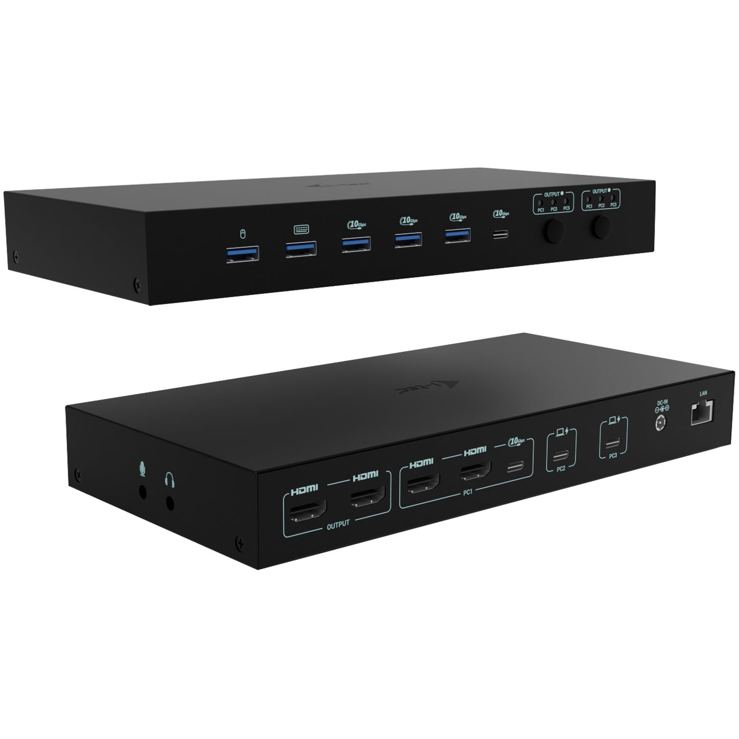 i-tec USB-C KVM Dock PRO za tri hosta. Dvostruki video. Sa 2x napajanjem. Maks. 92W. Žični. USB 3.2 Gen 1 (3.1 Gen 1) Type-C. 92W. 3.5mm. 10,100,1000 Mbps. Crna.