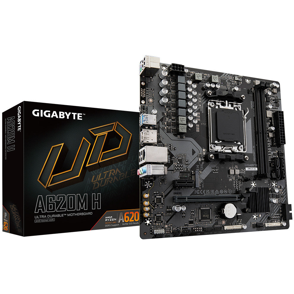 GIGABYTE A620M H matična ploča - Podržava AMD Ryzen 8000 procesore. 5+2+2 fazni digitalni VRM. Do 7200MHz DDR5 (OC). 1x PCIe 4.0 M.2. GbE LAN. USB 3.2 Gen 1. AMD. Socket AM5. AMD Ryzen 7000 serija. Socket AM5. 96 GB DDR5 SDRAM.