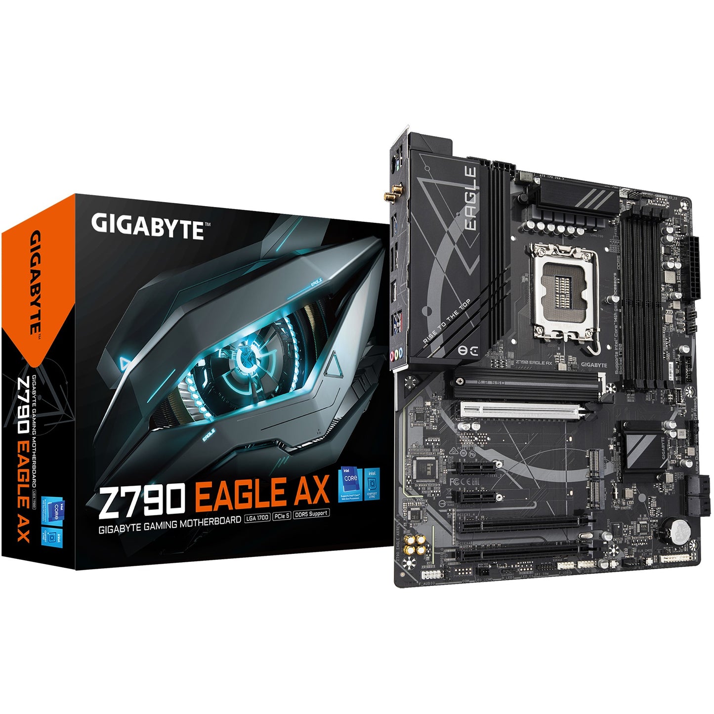 GIGABYTE Z790 EAGLE AX matična ploča - Podržava Intel Core procesore 14. generacije. 12+1+1 faze digitalnog VRM-a. do 7600MHz DDR5 (OC). 3xPCIe 4.0 M.2. Wi-Fi 6E. 2.5GbE LAN. USB 3.2 Gen 2. Intel. LGA 1700. Intel® Celeron®. Intel® Core™ i3. Intel® Core™ i5. Intel® Core™ i7. Intel® Core™ i9..... LGA 1700. 192 GB. DDR5 SDRAM
