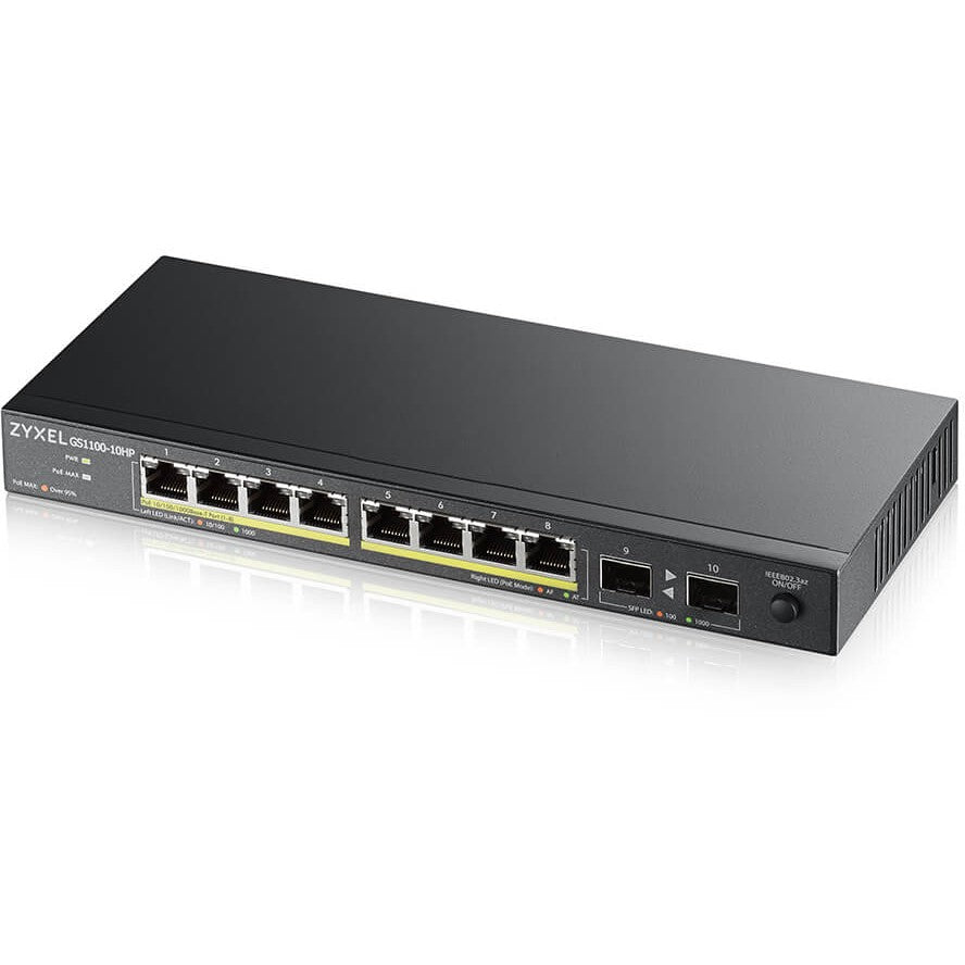 Zyxel GS1100-10HP v2. Neupravljan. Gigabit Ethernet (10/100/1000). Napajanje preko Etherneta (PoE). Montaža na zid.