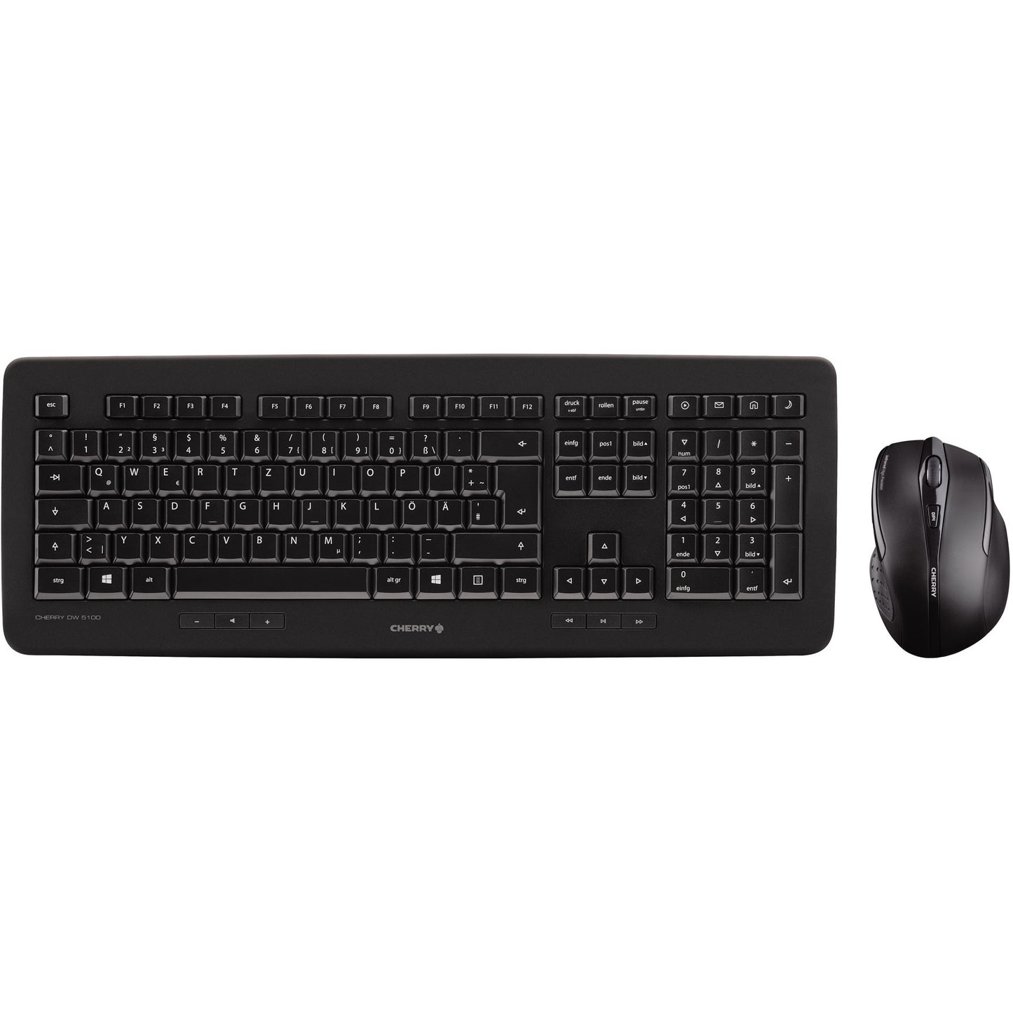 CHERRY DW 5100 Bežični desktop set. Crni. USB (QWERTZ - njemački). Puna veličina (100%). Bežični. RF bežični. QWERTZ. Crni. Miš uključen.