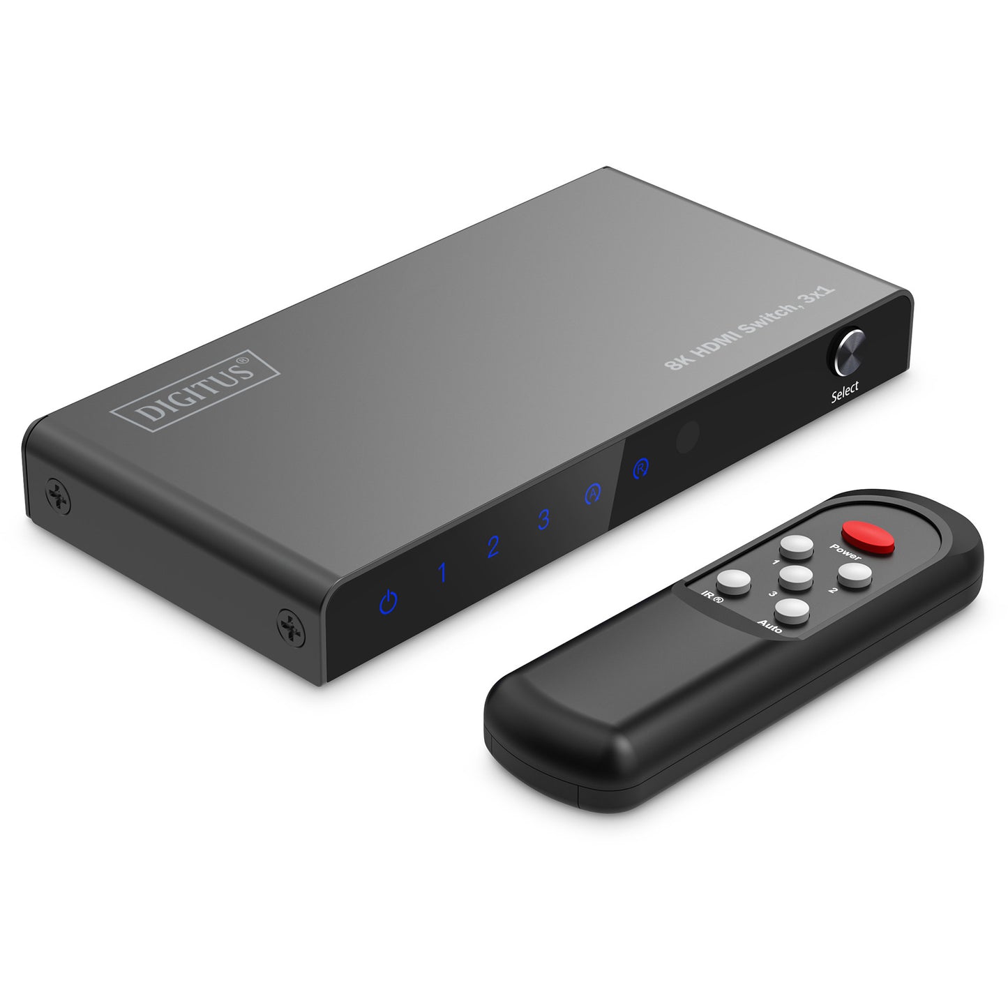 Digitus 8K HDMI prekidač. 3x1. HDMI. USB Type-C. Metal. Crna. 48 Gbps. Status.