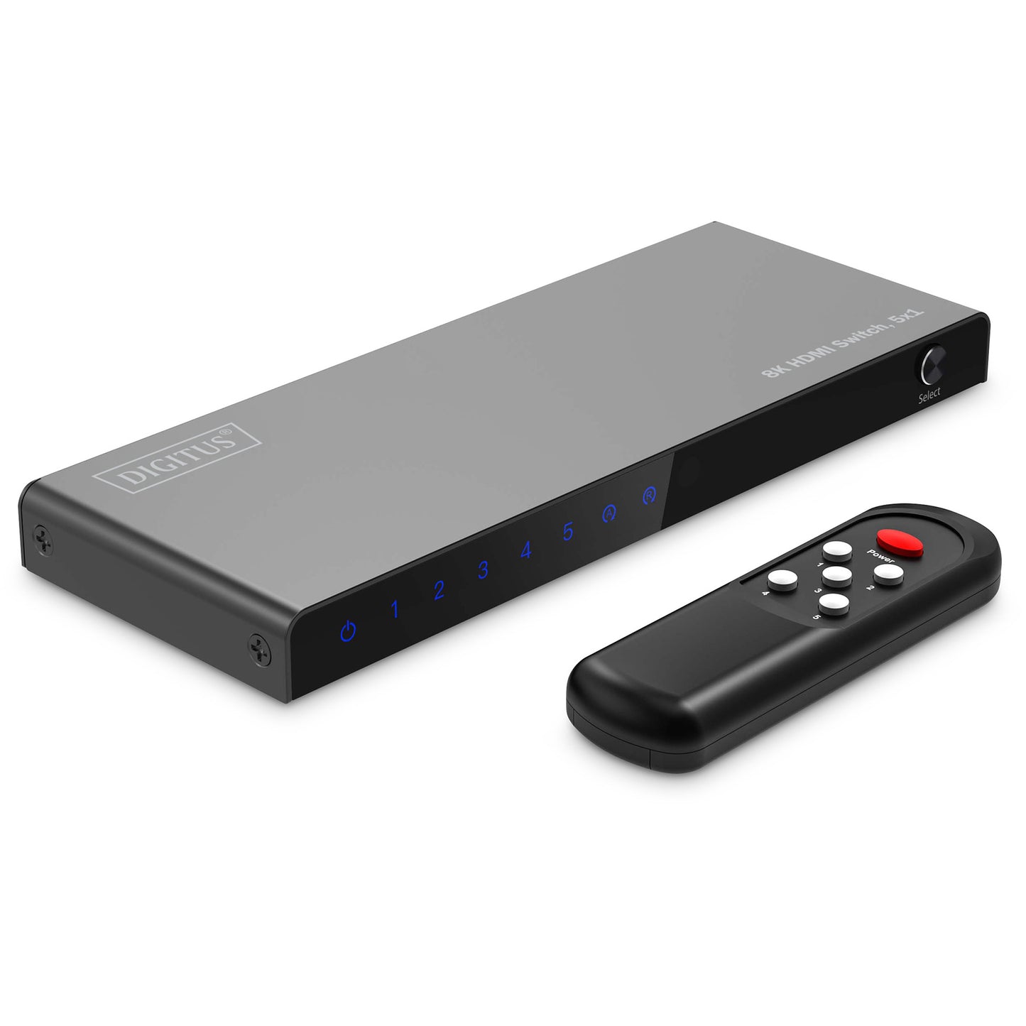 Digitus 8K HDMI prekidač. 5x1. HDMI. USB Type-C. Metal. Crna. 48 Gbps. Status.