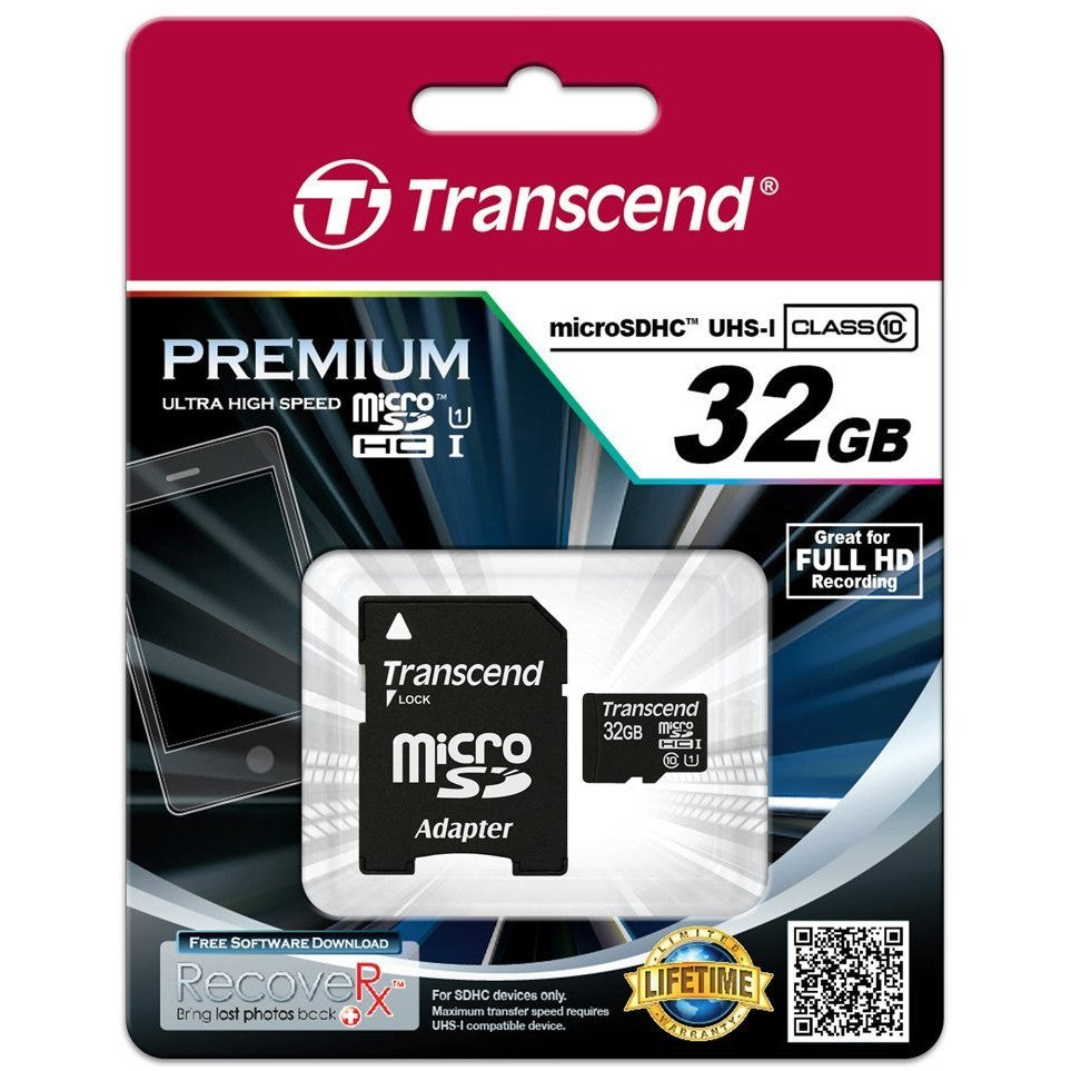 Transcend 32GB microSDHC Klasa 10 UHS-I. 32GB. MicroSDHC. Klasa 10. MLC. 90MB/s. Klasa 1 (U1)
