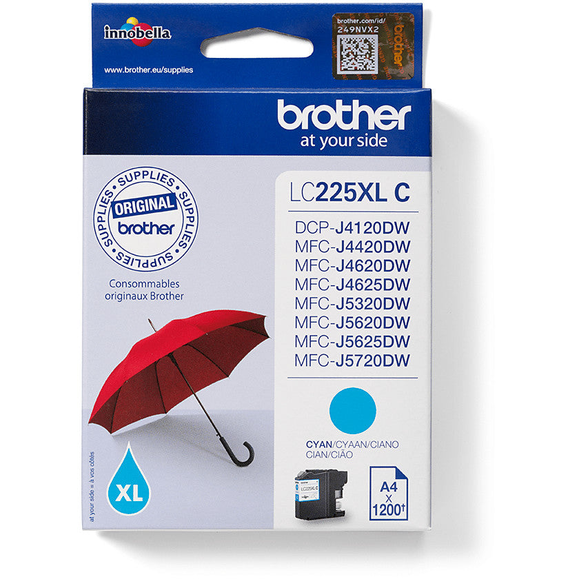 Brother LC225XLC. Visok (XL) kapacitet. Cijan. 1 komad. 1200 stranica. Pojedinačno pakovanje.