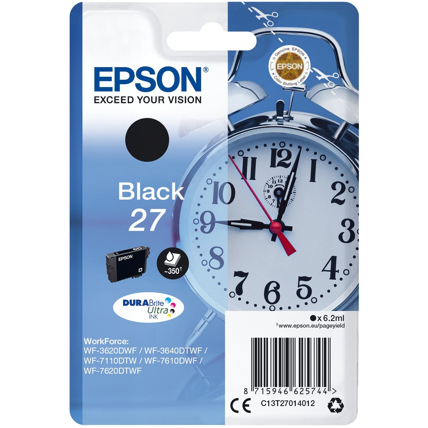 Epson Alarm Clock Pojedinačno pakovanje Crno 27 DURABrite Ultra mastilo. Standardni prinos. Crna. Mastilo na bazi pigmenta. 6,2 ml. 1 komad. 350 stranica.