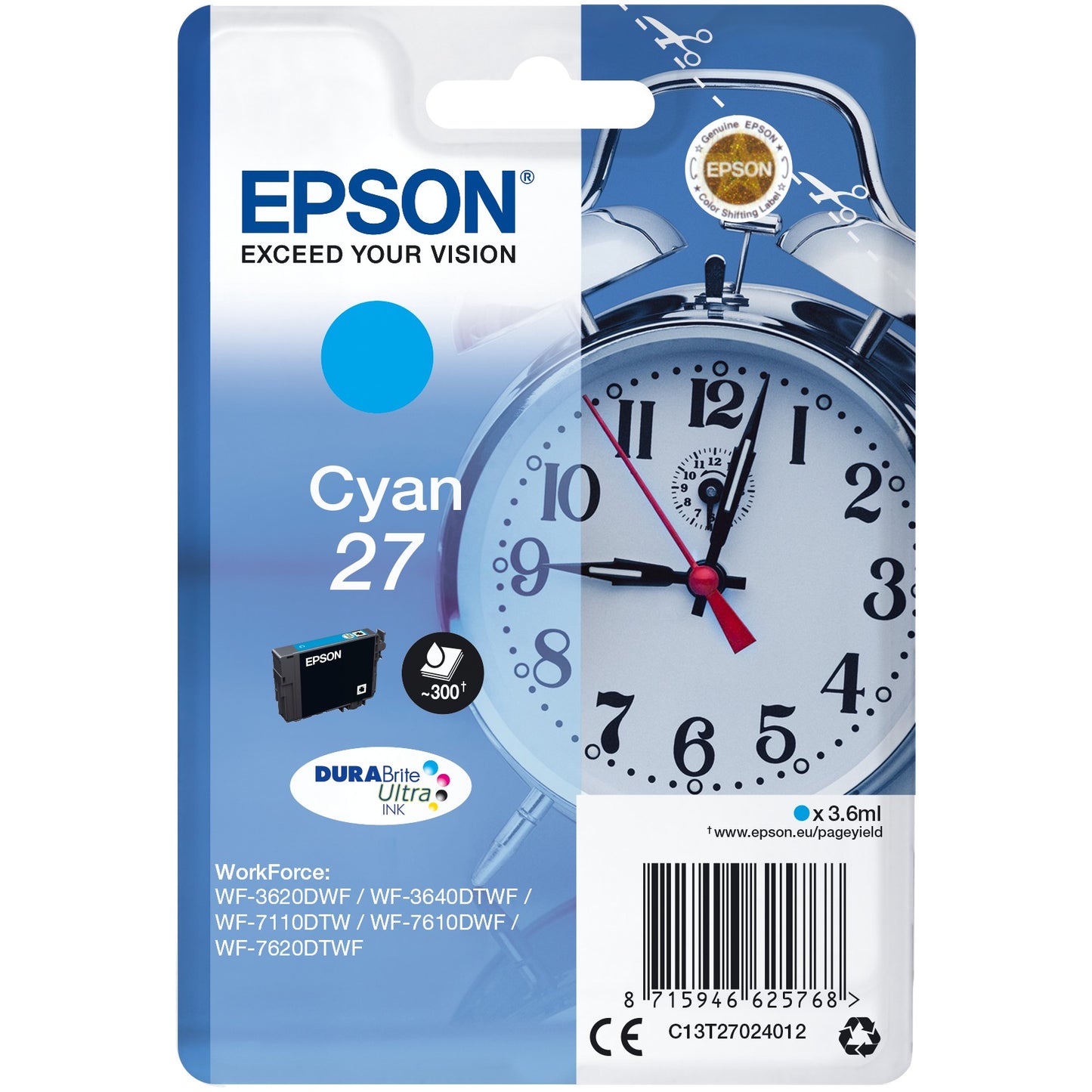 Epson Alarm Clock Singlepack Cyan 27 DURABrite Ultra tinta. Standardni prinos. Cijan. 3,6 ml. 1 komad. 300 stranica.