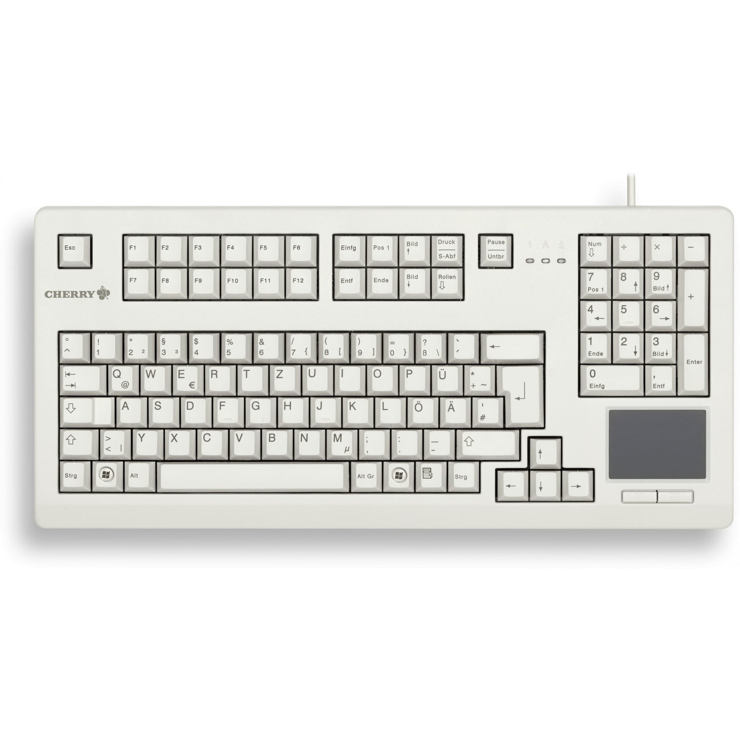 CHERRY TouchBoard G80-11900 Žičana tastatura sa touchpadom. Svijetlosiva. USB (QWERTZ - njemački). Puna veličina (100%). Žičana. USB. Mehanička tastatura. QWERTZ. Siva