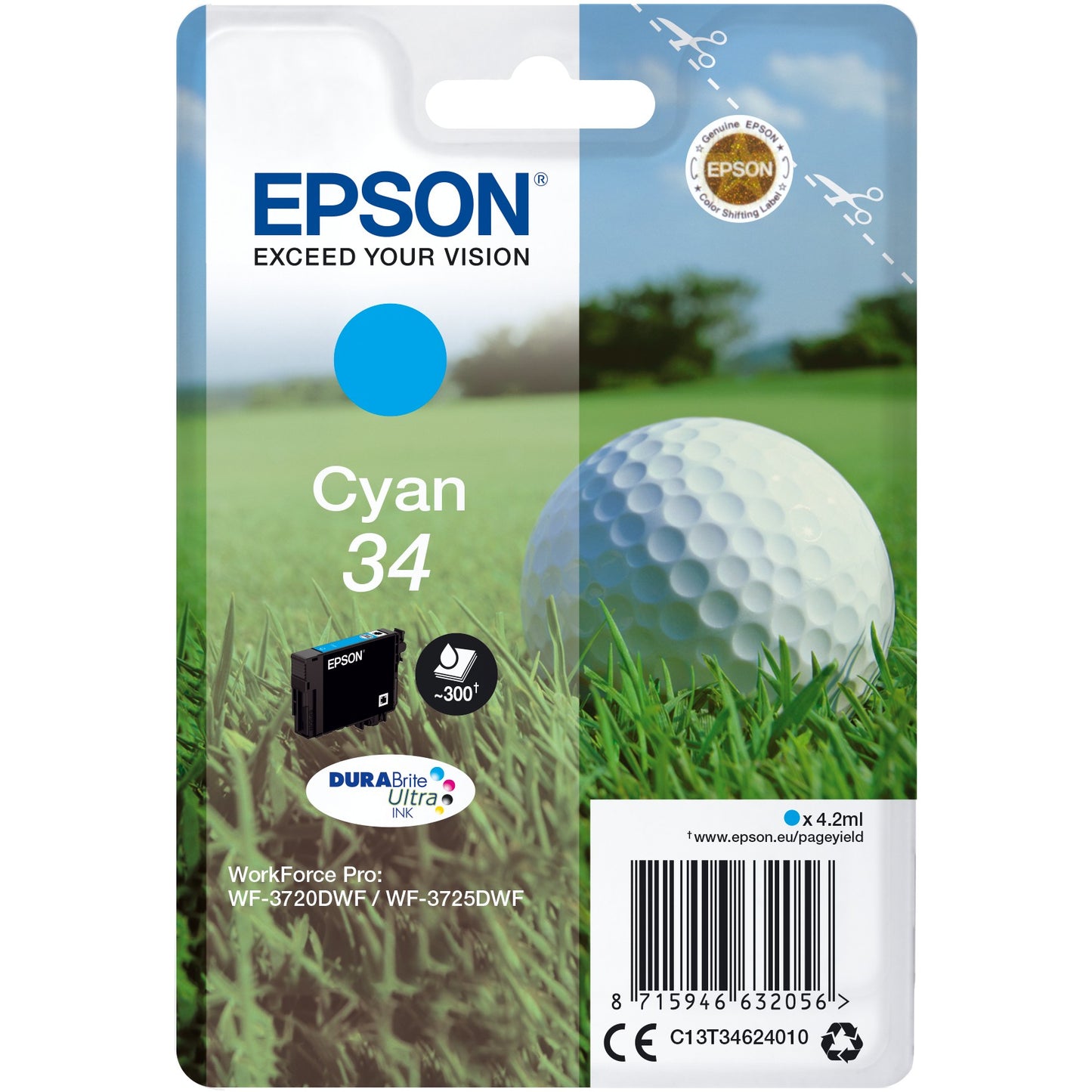 Epson Golf Ball Singlepack Cyan 34 DURABrite Ultra tinta. Standardni prinos. Cijan. 4,2 ml. 1 komad. 300 stranica.