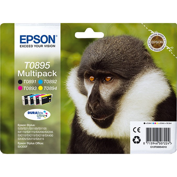 Epson Monkey višestruko pakovanje od 4 boje T0895. DURABrite Ultra tinta. Crna. Cijan. Magenta. Žuta. 5,8 ml. 3,5 ml. 1 komad. Višestruko pakovanje