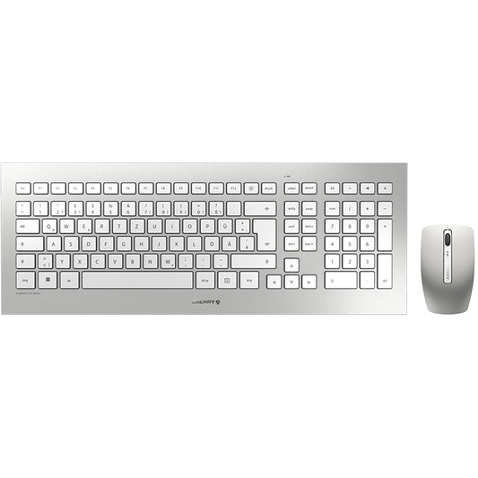 CHERRY DW 8000 Bežični Stolni set. Bijelo/srebrni. USB (QWERTZ - njemački). Puna veličina (100%). Bežični. RF bežični. QWERTZ. Srebrno. Bijelo. Miš uključen.