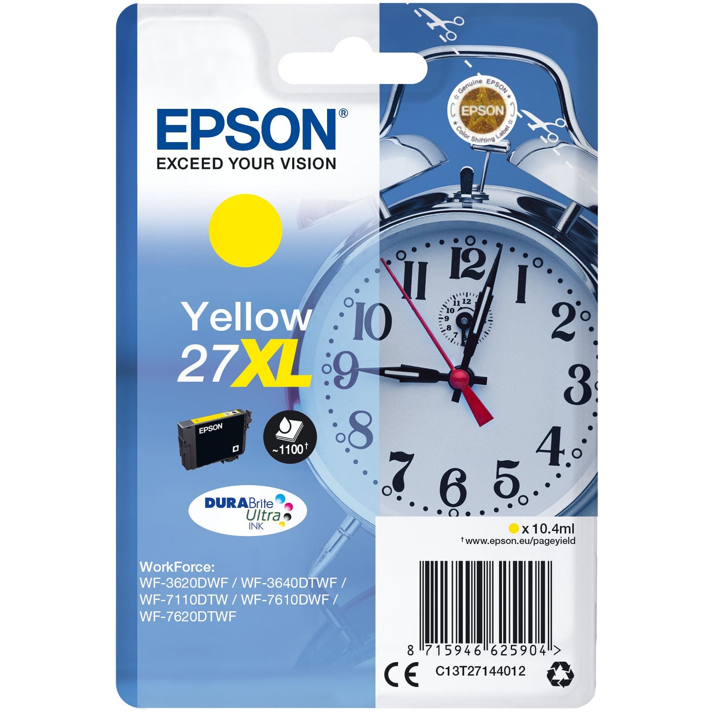 Epson Alarm Clock Singlepack Yellow 27XL DURABrite Ultra Ink. Visok (XL) prinos. Žuta. Tinta na bazi pigmenta. 10,4 ml. 1 komad. 1100 stranica.