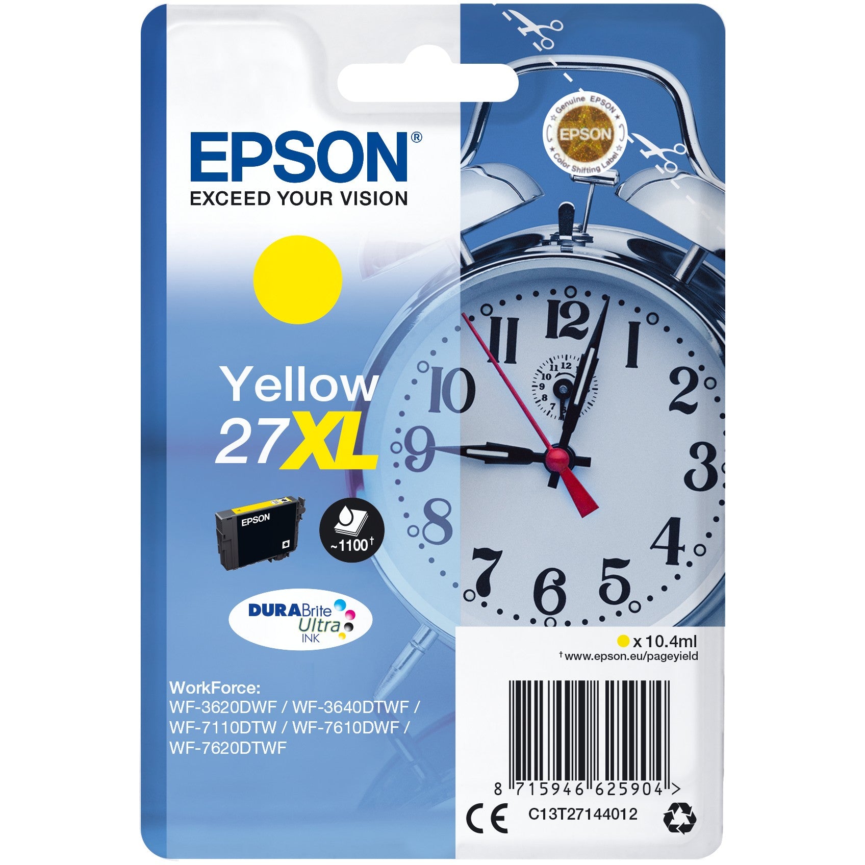 Epson Alarm Clock Singlepack Yellow 27XL DURABrite Ultra Ink. Visok (XL) prinos. Žuta. Tinta na bazi pigmenta. 10,4 ml. 1 komad. 1100 stranica.