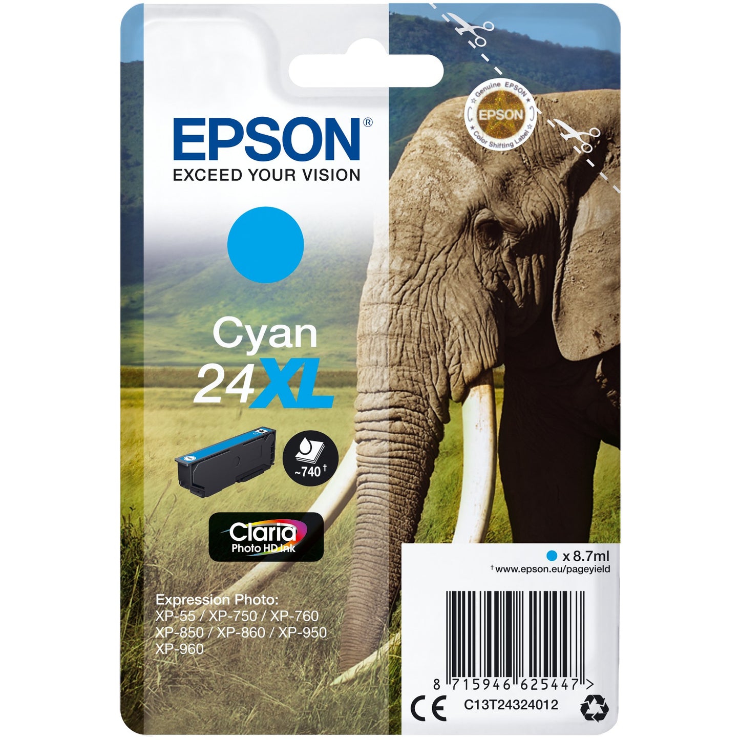 Epson Elephant Singlepack Cyan 24XL Claria Photo HD tinta. Visoki (XL) kapacitet. Cijan. 8,7 ml. 1 komad. 740 stranica.