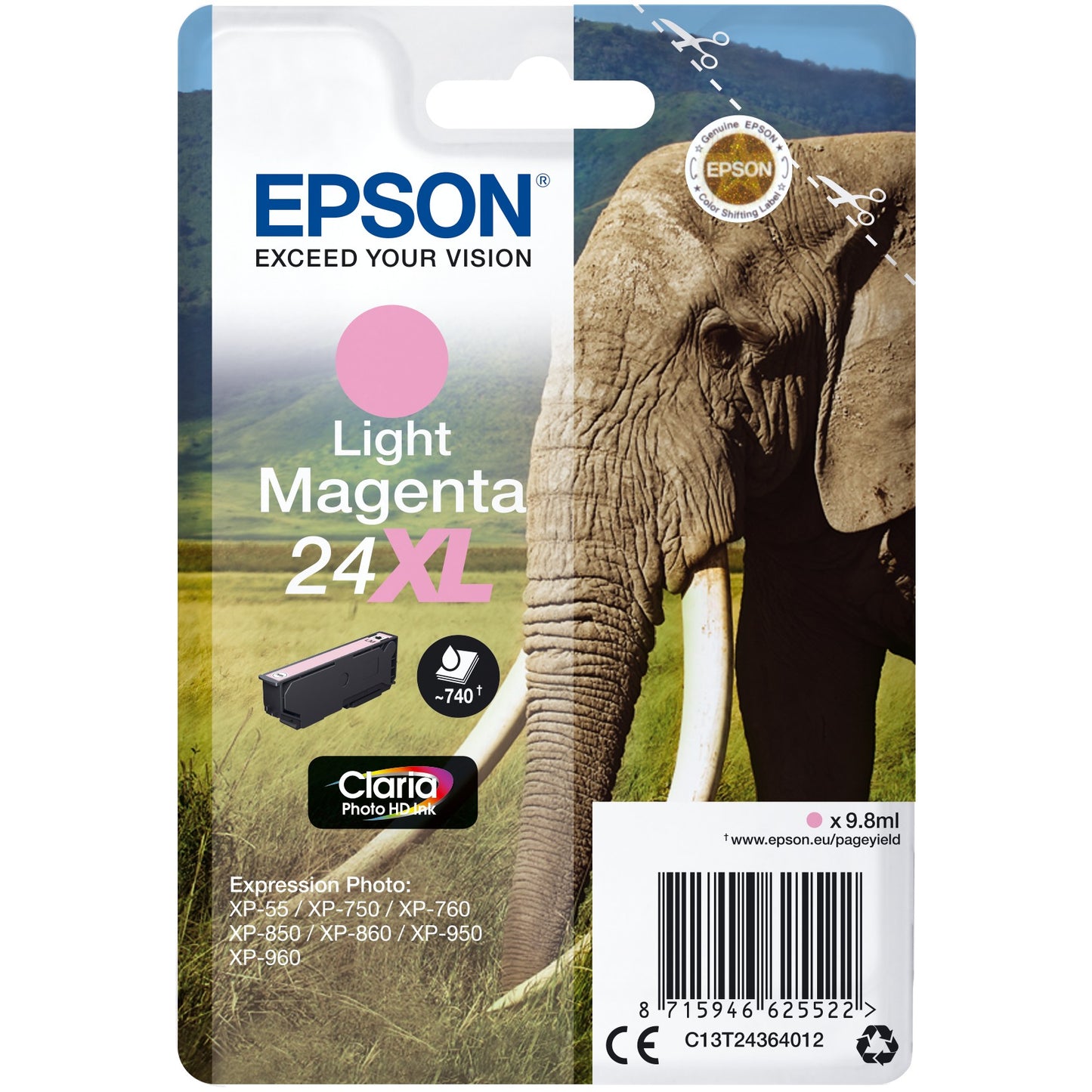 Epson Elephant Singlepack Light Magenta 24XL Claria Photo HD tinta. Visok (XL) prinos. Svijetlo magenta. Tinta na bazi pigmenta. 9,8 ml. 1 komad. 740 stranica.
