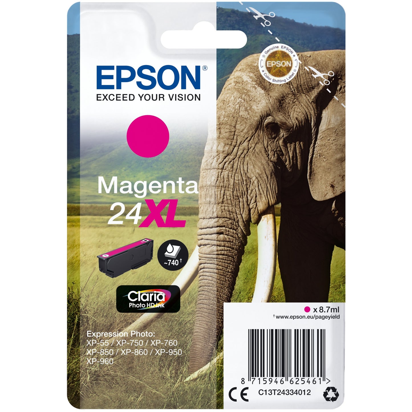 Epson Elephant Singlepack Magenta 24XL Claria Photo HD tinta. Visoki (XL) prinos. Magenta. Tinta na bazi pigmenta. 8,7 ml. 1 komad. 740 stranica.