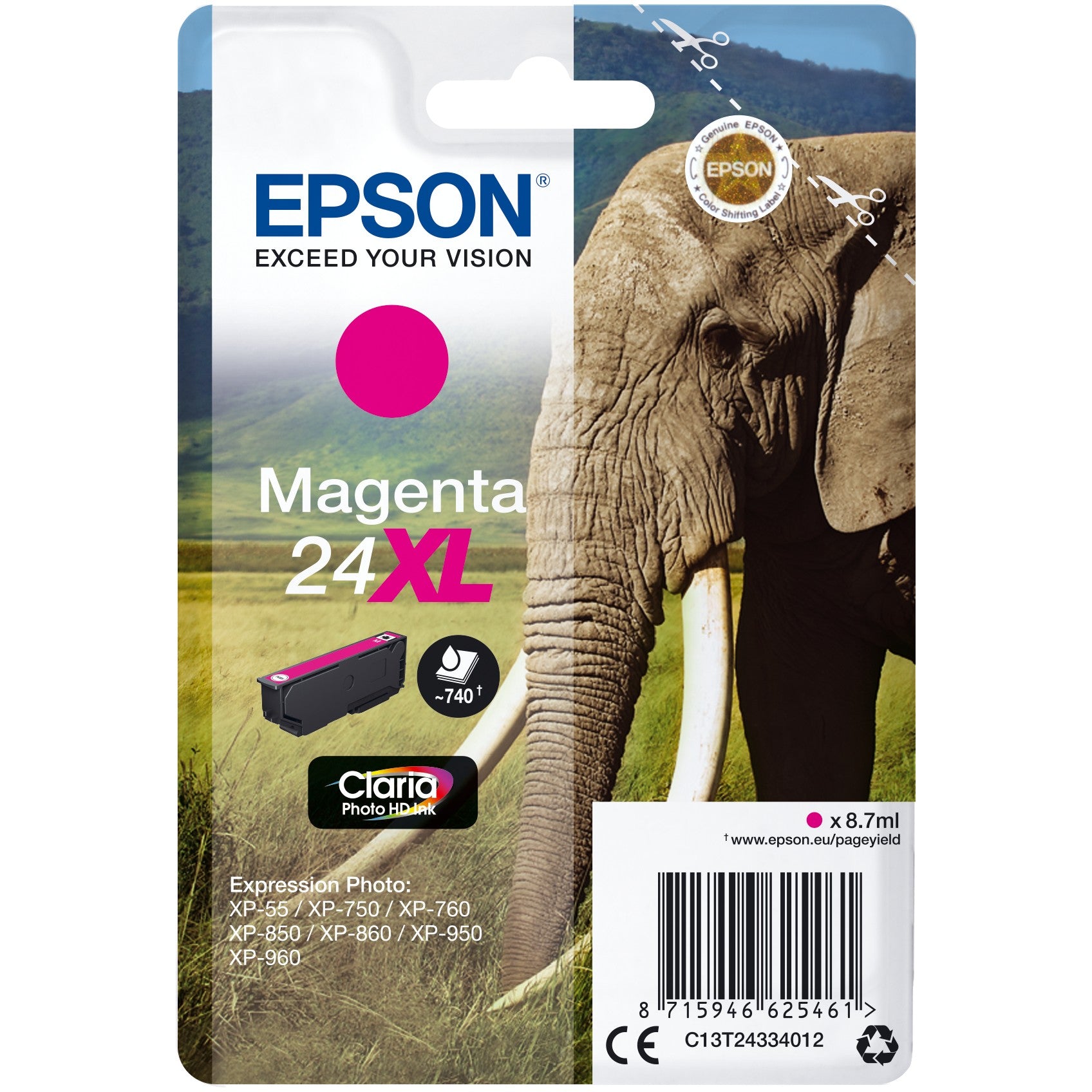 Epson Elephant Singlepack Magenta 24XL Claria Photo HD tinta. Visoki (XL) prinos. Magenta. Tinta na bazi pigmenta. 8,7 ml. 1 komad. 740 stranica.