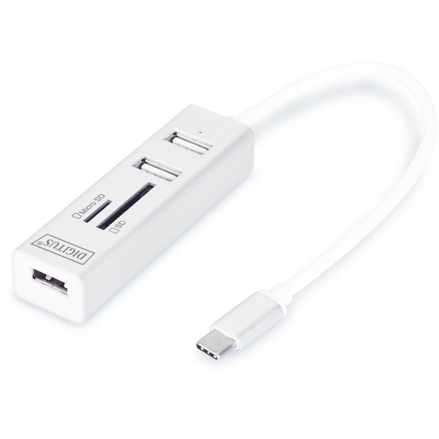 Digitus USB Type-C™ OTG 3-portni hub + citac kartica. MicroSD (TransFlash). SD. Bijela. 480 Mbit/s. Aluminij. USB 2.0. 18 mm