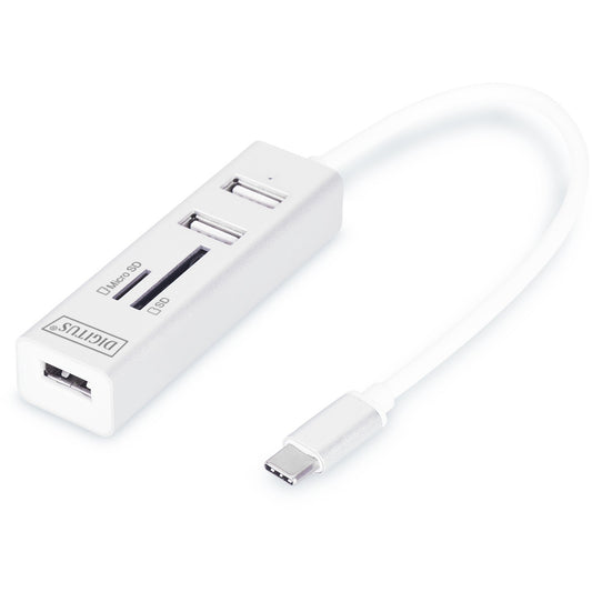 Digitus USB Type-C™ OTG 3-portni hub + citac kartica. MicroSD (TransFlash). SD. Bijela. 480 Mbit/s. Aluminij. USB 2.0. 18 mm