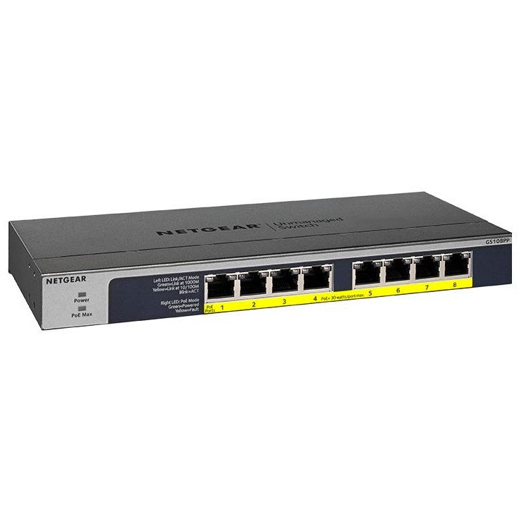 NETGEAR GS108PP. Neupravljani. Gigabit Ethernet (10/100/1000). Puni dupleks. Napajanje preko Etherneta (PoE). Montaža u rack. Montaža na zid.
