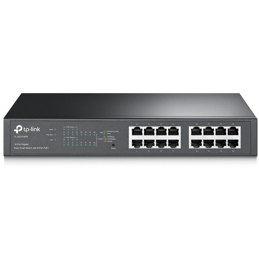 TP-Link 16-portni gigabitni Easy Smart prekidač sa 8 PoE+ portova. Upravljani. L2. Gigabit Ethernet (10/100/1000). Napajanje preko Etherneta (PoE). Montaža u rack. 1U