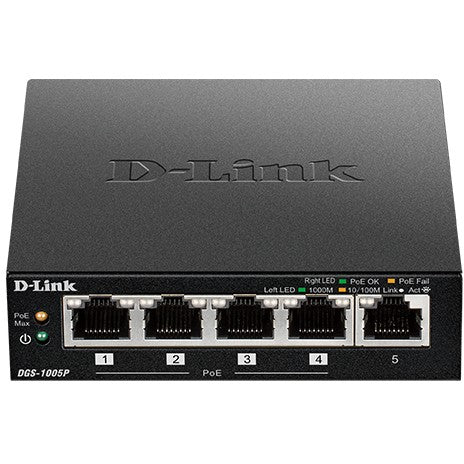 D-Link DGS-1005P/E. Neupravljan. Gigabit Ethernet (10/100/1000). Puni dupleks. Napajanje preko Etherneta (PoE). Montaža na zid
