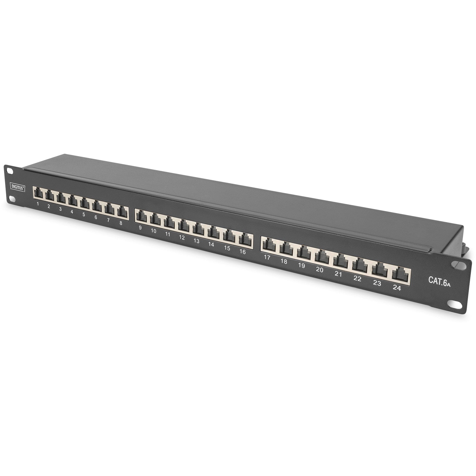 Digitus CAT 6A. Patch panel klase EA. Oklopljen. RJ-45. Cat6a. Crna. Čelična. Montaža u rack. 1U.