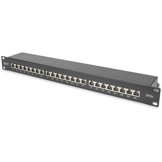 Digitus CAT 6A. Patch panel klase EA. Oklopljen. RJ-45. Cat6a. Crna. Čelična. Montaža u rack. 1U.