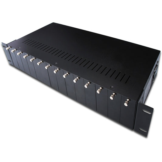 Digitus kućište za medijski konverter sa 14 utora. 85-265 VAC. 50/60 Hz. 1,2 A. 5 V. 0 - 50 °C. -20 - 85 °C. 485 mm. 231 mm