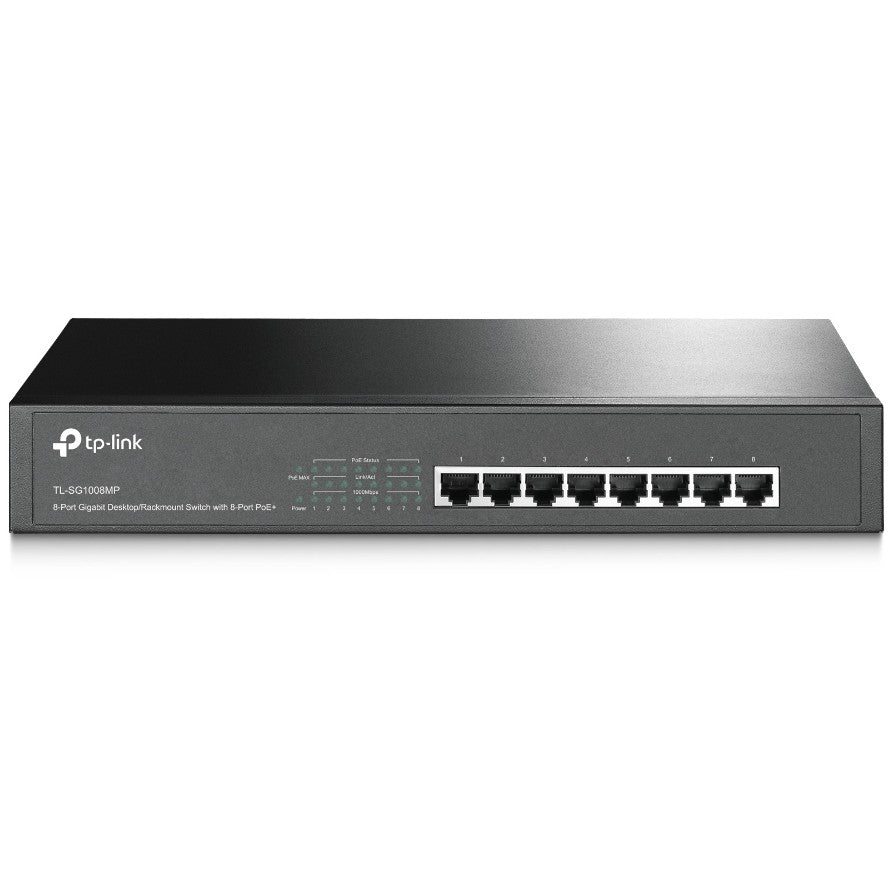 TP-Link 8-portni gigabitni desktop/rackmount switch sa 8 PoE+ portova. Neupravljan. Gigabit Ethernet (10/100/1000). Puni dupleks. Napajanje preko Etherneta (PoE). Montaža u rack. 1U
