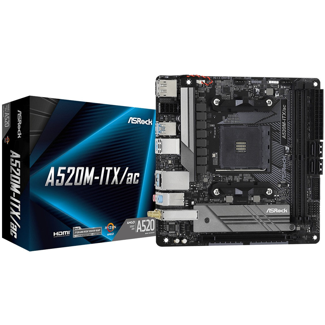 Asrock A520M-ITX/ac. AMD. Podnožje AM4. AMD Ryzen 2000 serija. AMD Ryzen 3000 serija. DDR4 SDRAM. 64GB. DIMM