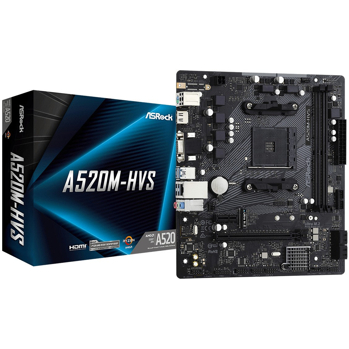 Asrock A520M-HVS. AMD. Podnožje AM4. AMD Ryzen 3000 serija. DDR4 SDRAM. 64GB. DIMM