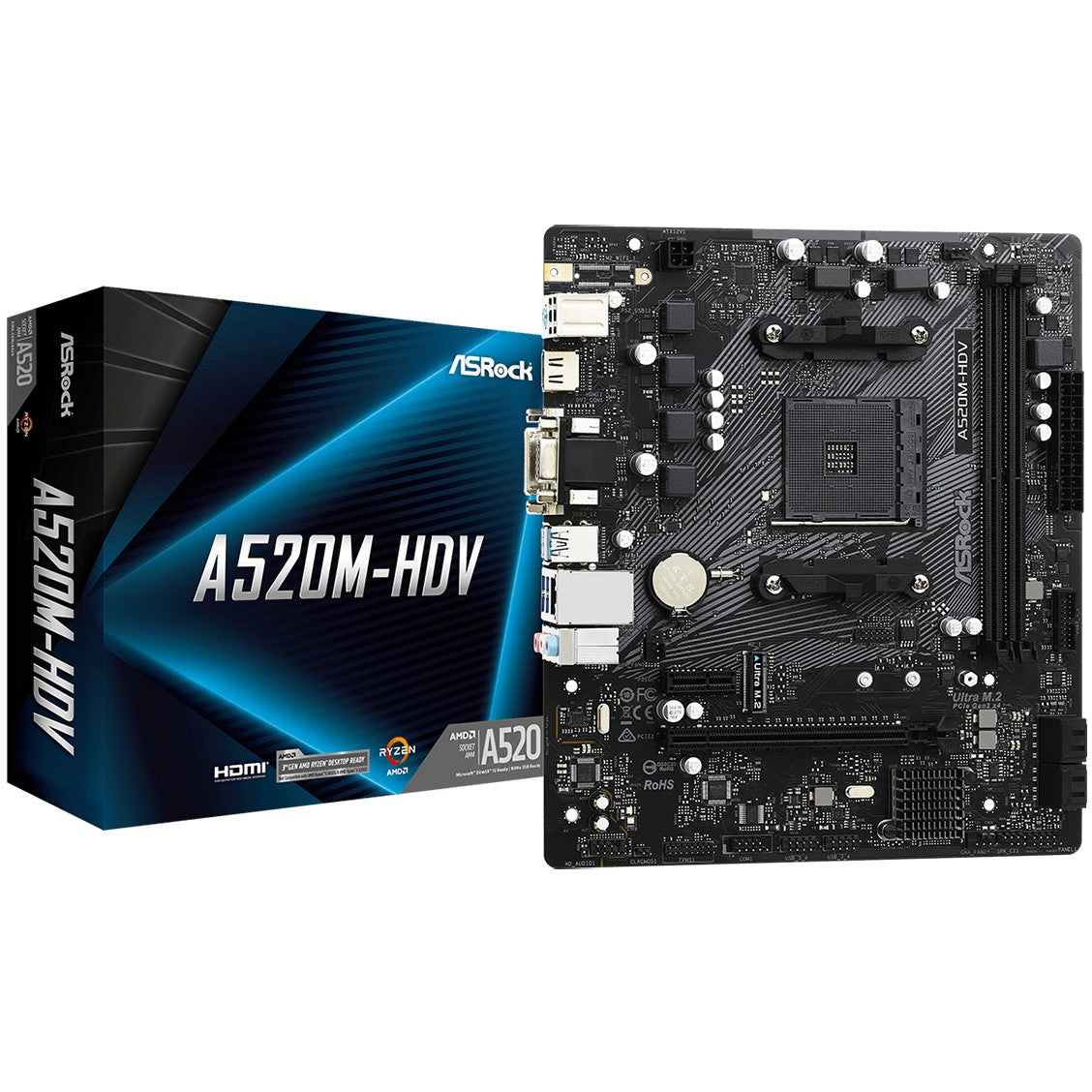 Asrock A520M-HDV. AMD. Podnožje AM4. AMD Ryzen 3000 serija. DDR4 SDRAM. 64GB. DIMM