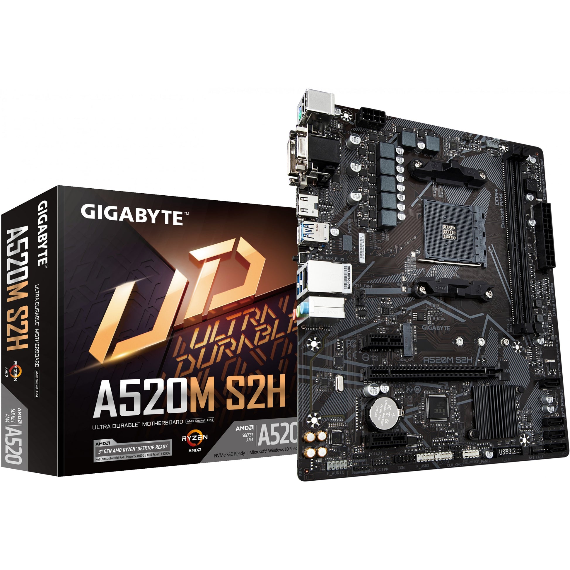 GIGABYTE A520M S2H matična ploča - Podržava AMD Ryzen 5000 seriju AM4 procesora. 4+3 fazni čisti digitalni VRM. Do 5100MHz DDR4 (OC). PCIe 3.0 x4 M.2. GbE LAN. USB 3.2 Gen 1. AMD. Podnožje AM4. AMD Ryzen 3000 serija. Podnožje AM4. 64 GB DDR4 SDRAM.