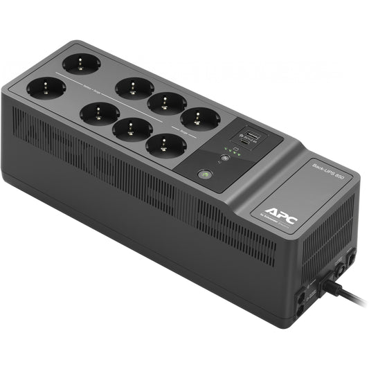 APC Back-UPS BE850G2-GR - UPS sa 8 Schuko utičnica. 850VA. 2 USB punjaca. 1 USB port za podatke. Stanje pripravnosti (offline). 0,85 kVA. 520 W. Sinusni val. 220 V. 230 V