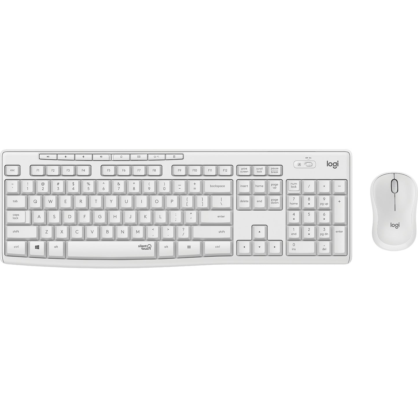 Logitech MK295 Tihi. Puna veličina (100%). Žični. RF Bežični. QWERTY. Bijeli. Miš uključen.