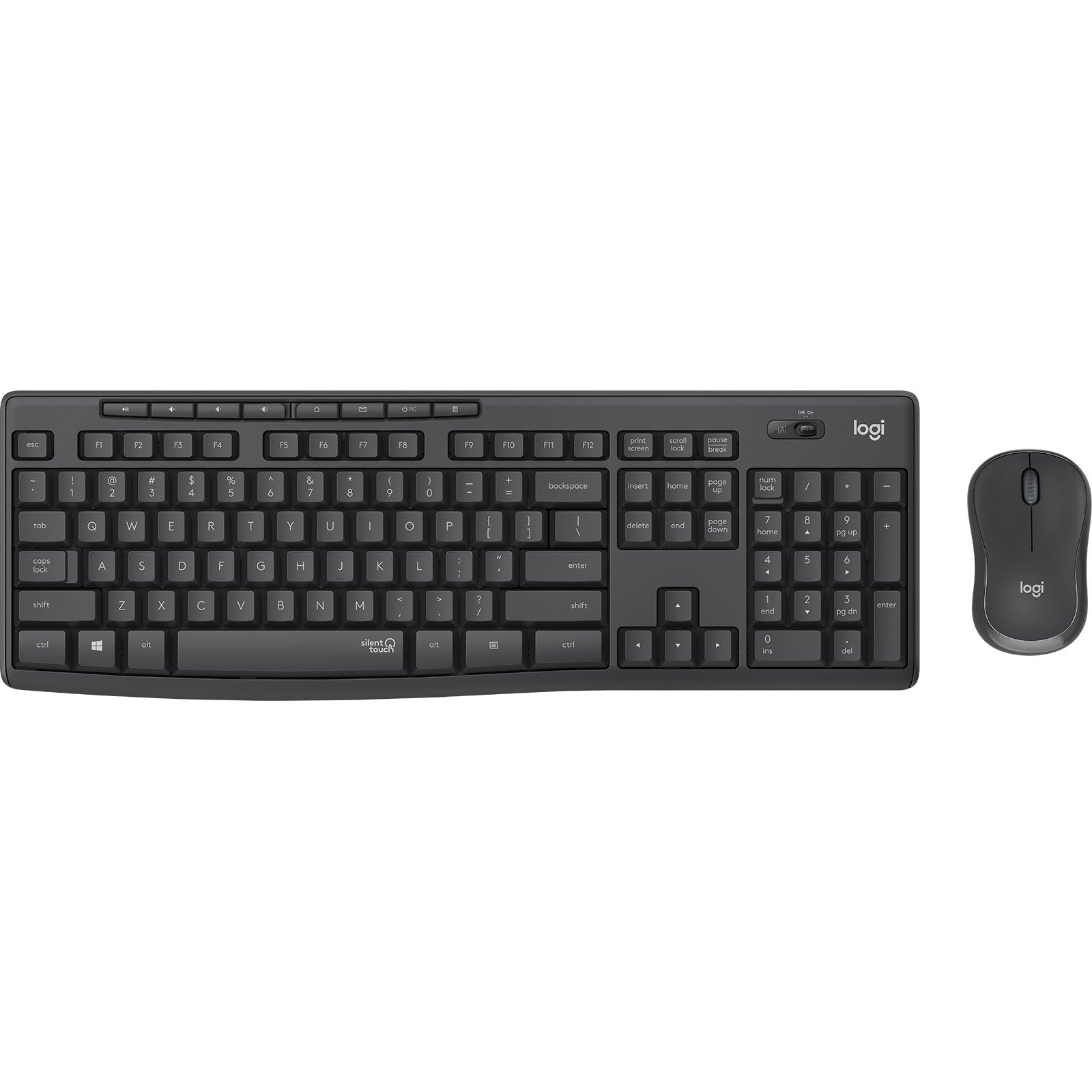 Logitech MK295 Tihi. Puna veličina (100%). Žični. RF Bežični. QWERTY. Grafit. Miš uključen.