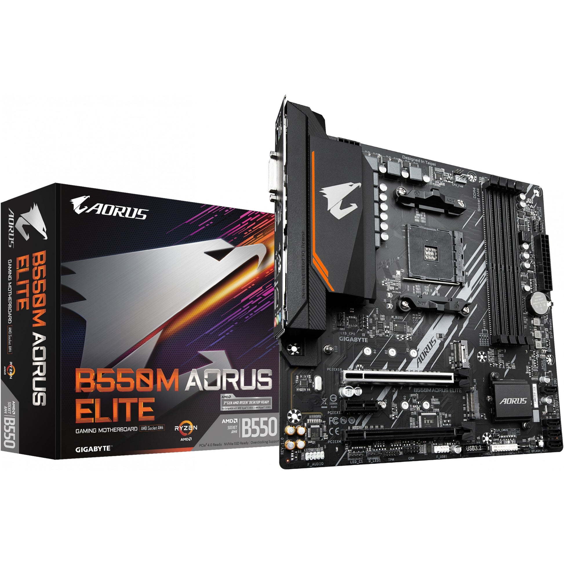 GIGABYTE B550M AORUS ELITE matična ploča - AMD Ryzen 5000 procesori. 5+3 faze VRM. do 4733 MHz DDR4. 1xPCIe 4.0 + 1xPCIe 3.0 M.2. 1GbE LAN. USB 3.2 Gen 1. AMD. Podnožje AM4. AMD Ryzen 3000 serija. AMD Ryzen 4000 serija. AMD Ryzen 5000 serija