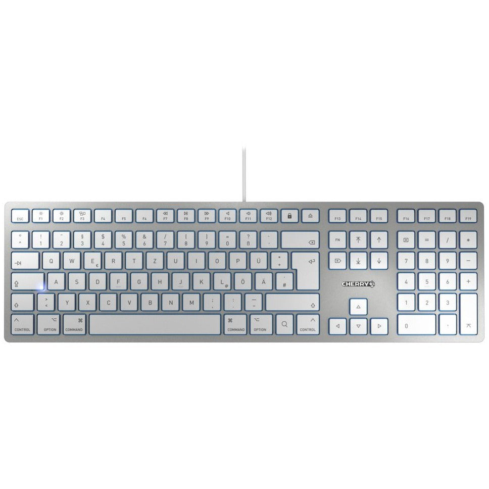 CHERRY KC 6000 SLIM za MAC žična tastatura. Srebrna/bijela. USB (QWERTZ - njemački). Puna veličina (100%). Žičana. USB. QWERTZ. Srebrna.
