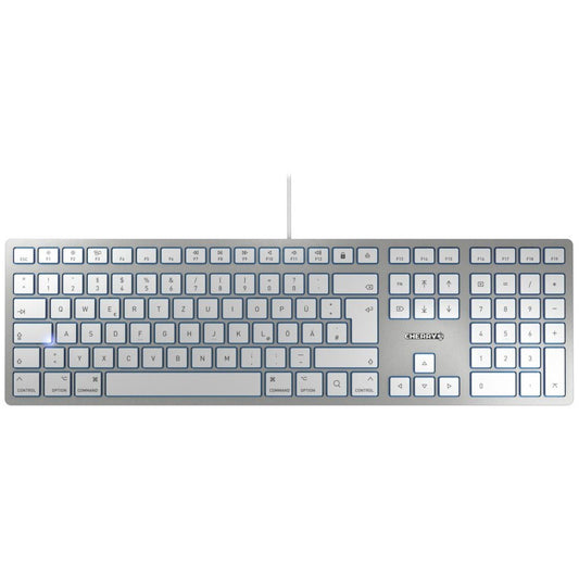 CHERRY KC 6000 SLIM za MAC žična tastatura. Srebrna/bijela. USB (QWERTZ - njemački). Puna veličina (100%). Žičana. USB. QWERTZ. Srebrna.