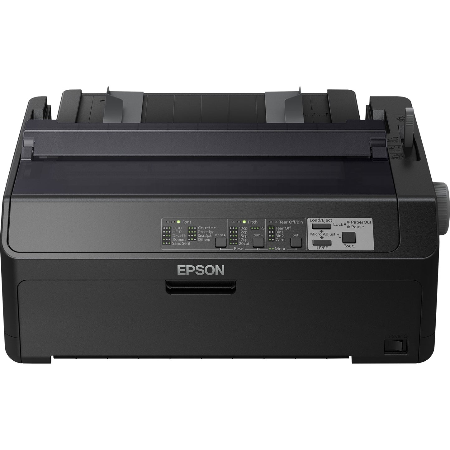 Epson LQ-590IIN. 550 znakova u sekundi. 10 znakova po inču. 6 kopija. Kod 128 (A/B/C). Kod 39. EAN13. EAN8. Isprepleteno 2/5. POSTNET. UPC-A. UPC-E. PC437. PC708. PC720. PC850. PC858. PC864. PCAR864. ISO 8859-15. Roman 8. Kurziv. Koverte. Etikete. Rolna.