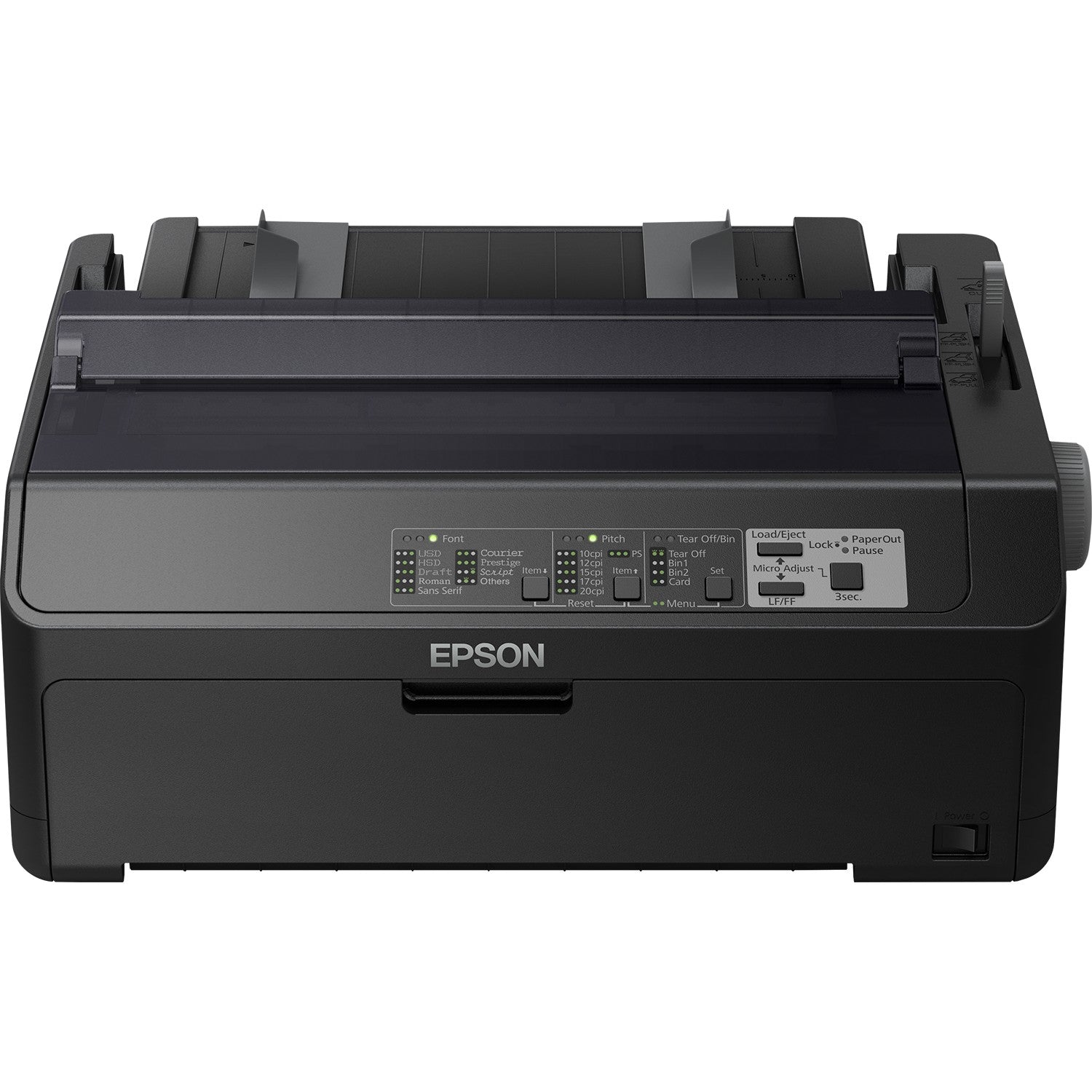 Epson LQ-590IIN. 550 znakova u sekundi. 10 znakova po inču. 6 kopija. Kod 128 (A/B/C). Kod 39. EAN13. EAN8. Isprepleteno 2/5. POSTNET. UPC-A. UPC-E. PC437. PC708. PC720. PC850. PC858. PC864. PCAR864. ISO 8859-15. Roman 8. Kurziv. Koverte. Etikete. Rolna.