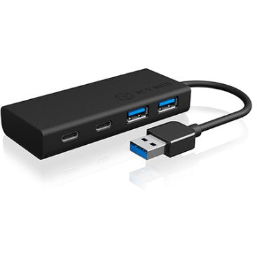 ICY BOX IB-HUB1426-U3. USB 3.2 Gen 1 Hub Tip-A na 2x Type-C® i 2x Type-A USB porta. USB 3.2 Gen 1 (3.1 Gen 1) Tip-A. USB 3.2 Gen 1 (3.1 Gen 1) Tip-A. USB 3.2 Gen 1 (3.1 Gen 1) Tip-C. 5000 Mbit/s. Crna. Aluminijum. Plastika. 0.1 m