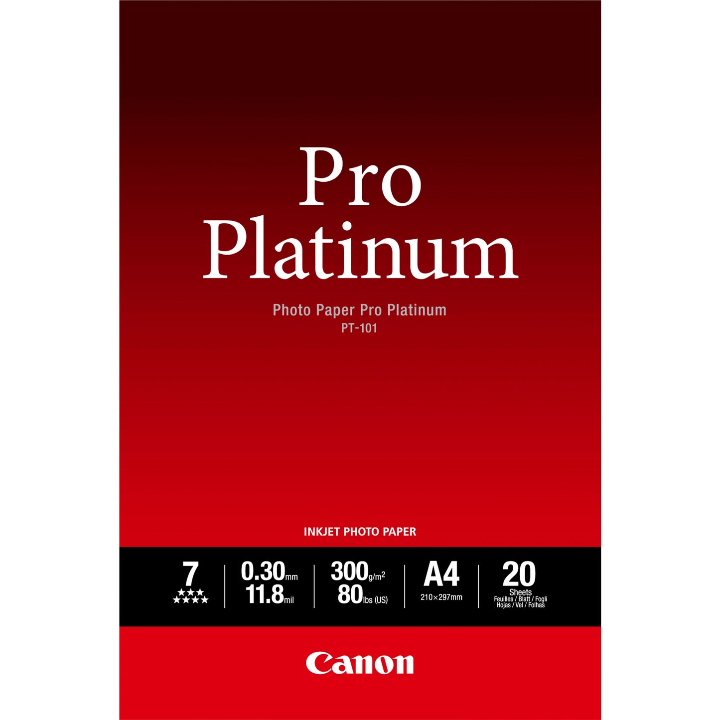 Canon PT-101 Pro Platinum foto papir A4 – 20 listova. Visoki sjaj. 300 g/m². 300 µm. Kompatibilan sa PIXMA MP280, PIXMA MG3140, PIXMA MX350, PIXMA iP3500, PIXMA MG3540, PIXMA MG4240, PIXMA MP480, PIXMA.... 20 listova. 210 x 297 mm