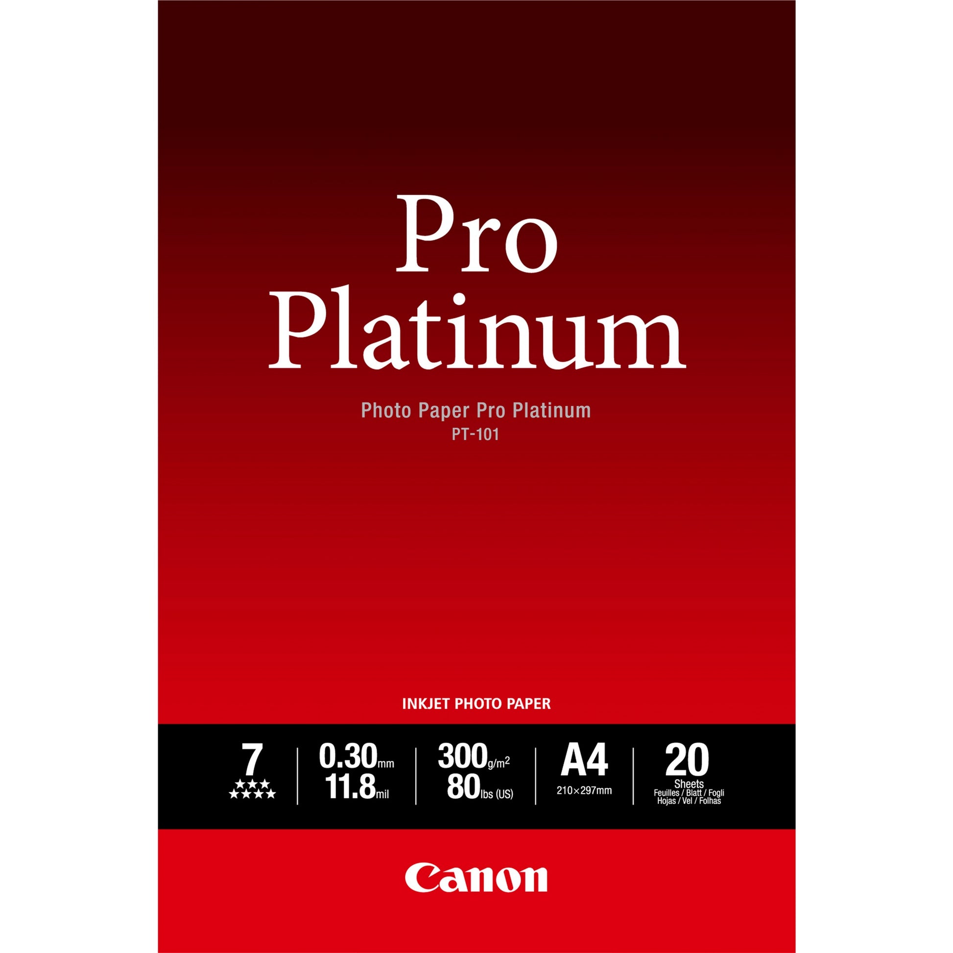 Canon PT-101 Pro Platinum foto papir A4 – 20 listova. Visoki sjaj. 300 g/m². 300 µm. Kompatibilan sa PIXMA MP280, PIXMA MG3140, PIXMA MX350, PIXMA iP3500, PIXMA MG3540, PIXMA MG4240, PIXMA MP480, PIXMA.... 20 listova. 210 x 297 mm