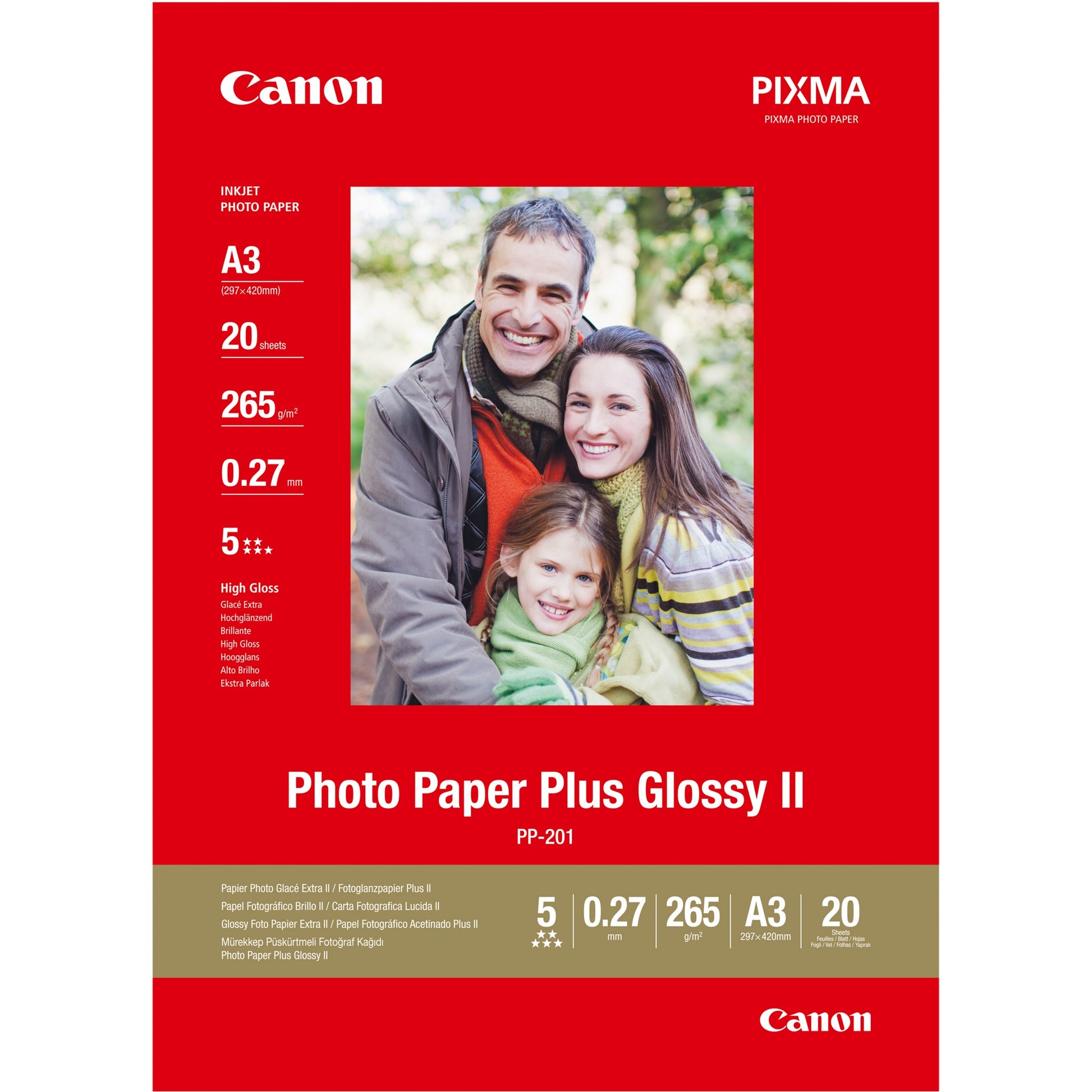 Canon PP-201 Glossy II foto papir Plus A3 – 20 listova. Visoki sjaj. 260 g/m². A3. 20 listova. 270 µm. Canon Lucia. ChromaLife100+